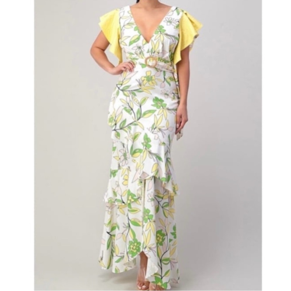 Floral Print Ruffle Sleeve Multicolor Belted Maxi Dress with Yellow Accents